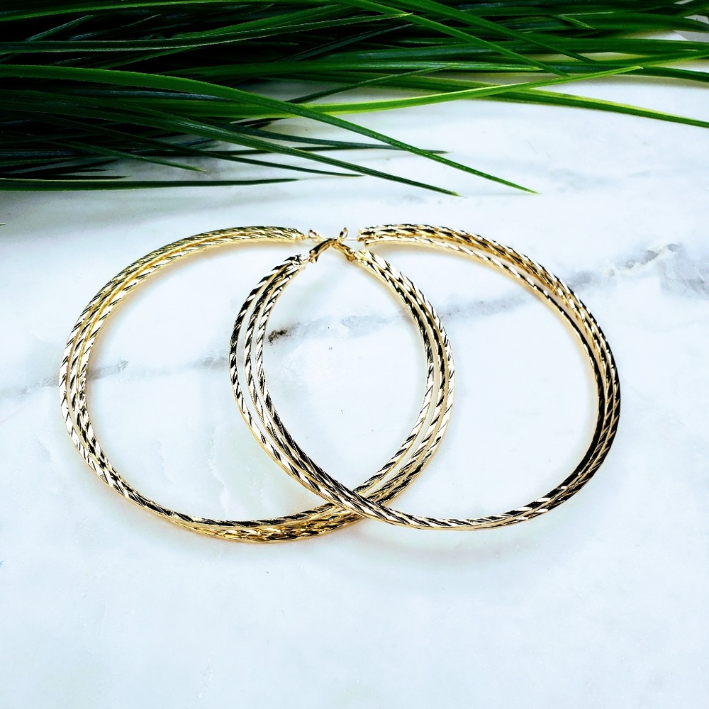 5 for $25 Gold Color Extra Large Triple Hoops - Picture 2 of 5